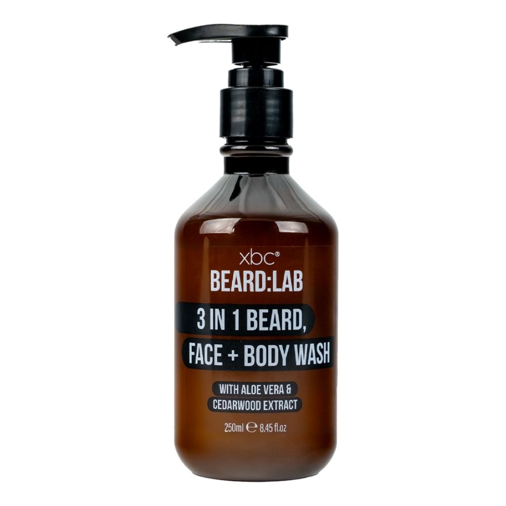 XBC Beard Lab 3-in-1 beard, face and body wash with aloe vera and cedarwood extract, 250 ml pump bottle