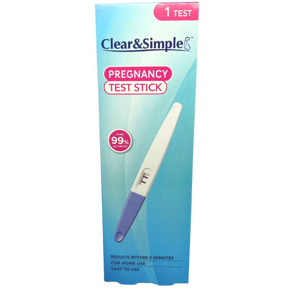 Clear&Simple pregnancy test stick packaging, showing one test and results within five minutes