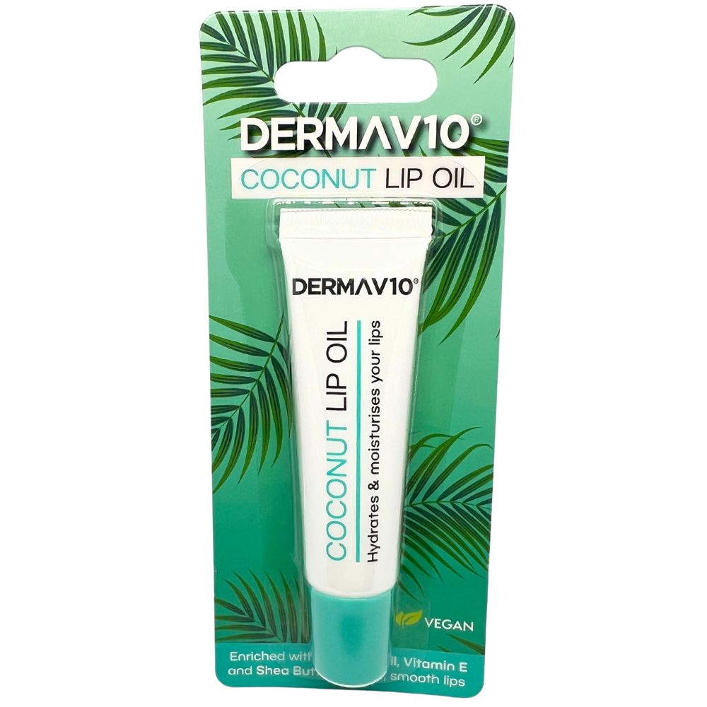 Dermav10 coconut lip oil in green retail packaging