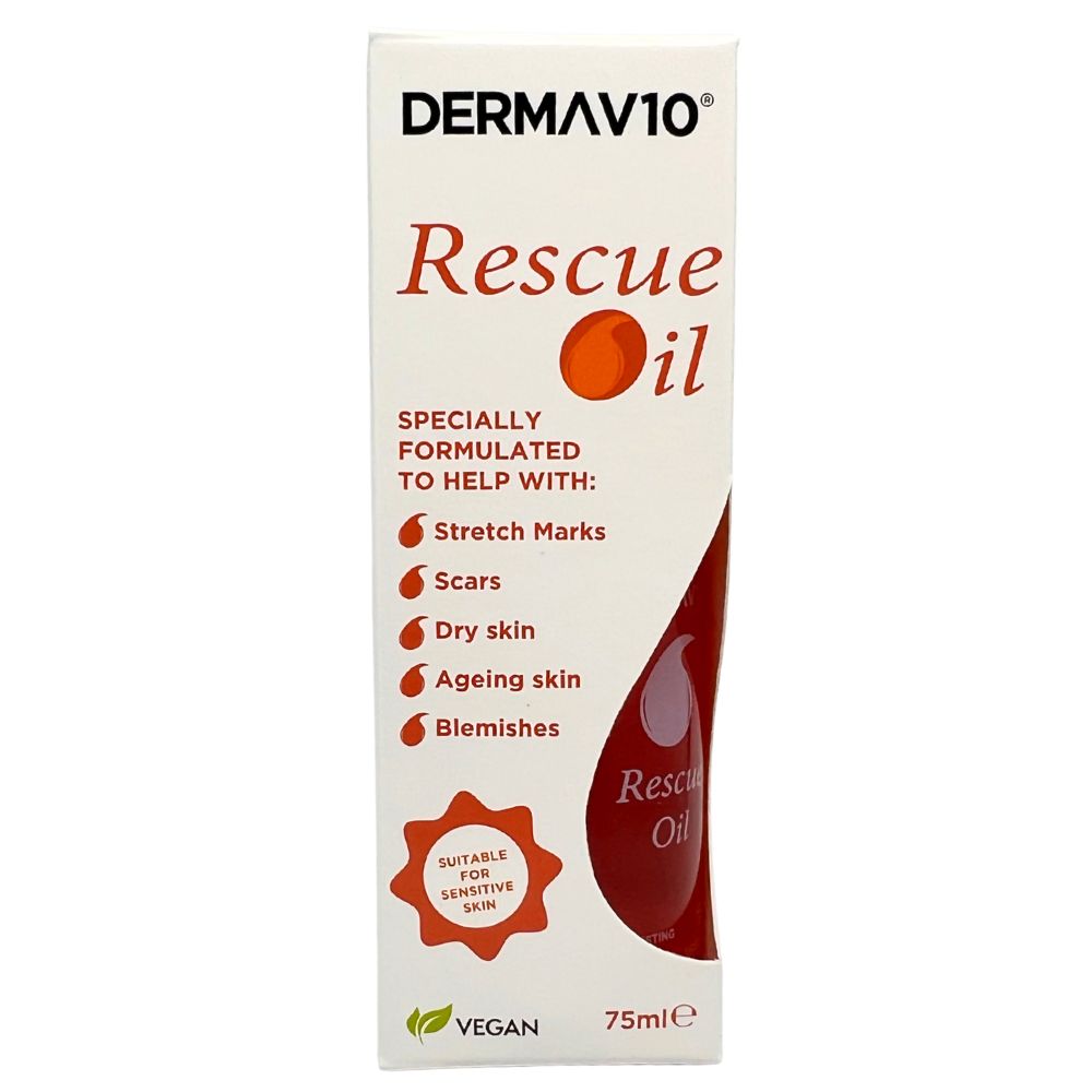 DermaV10 Rescue Oil skincare product, 75ml, for stretch marks, scars, dry, ageing skin and blemishes
