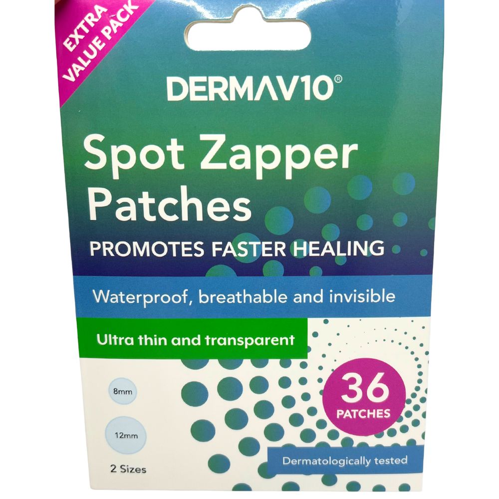 Dermav10 Spot Zapper Patches, a pack of 36 waterproof, breathable, invisible patches in two sizes