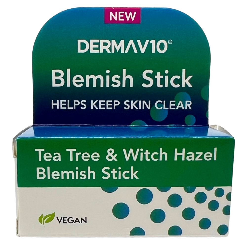 Dermav10 Tea Tree & Witch Hazel Blemish Stick, labelled vegan and helps keep skin clear