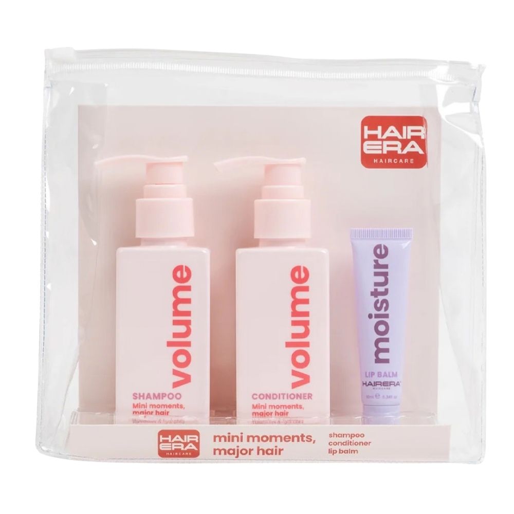 Hair Era mini haircare set with volume shampoo, conditioner and moisture lip balm