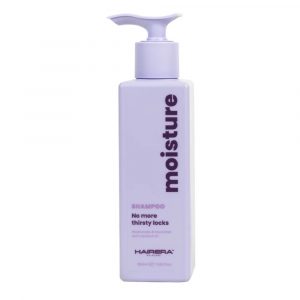 Purple Moisture shampoo bottle with pump dispenser, labelled “No more thirsty locks”