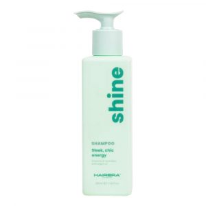 Shine shampoo pump bottle labelled “Sleek, chic energy” with argan oil, 350 ml