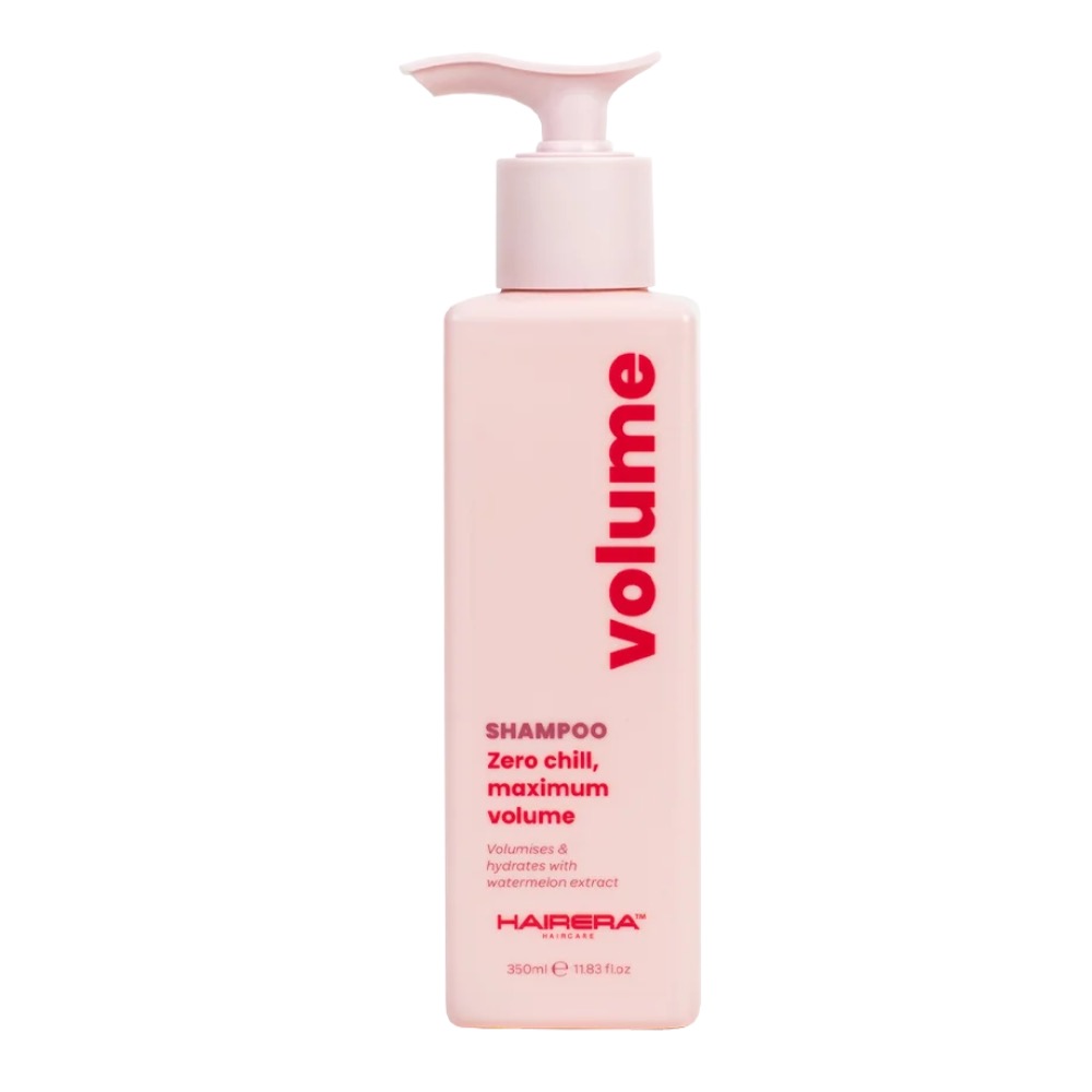 Pink Hairera Volume shampoo bottle labelled “Zero chill, maximum volume” with watermelon extract