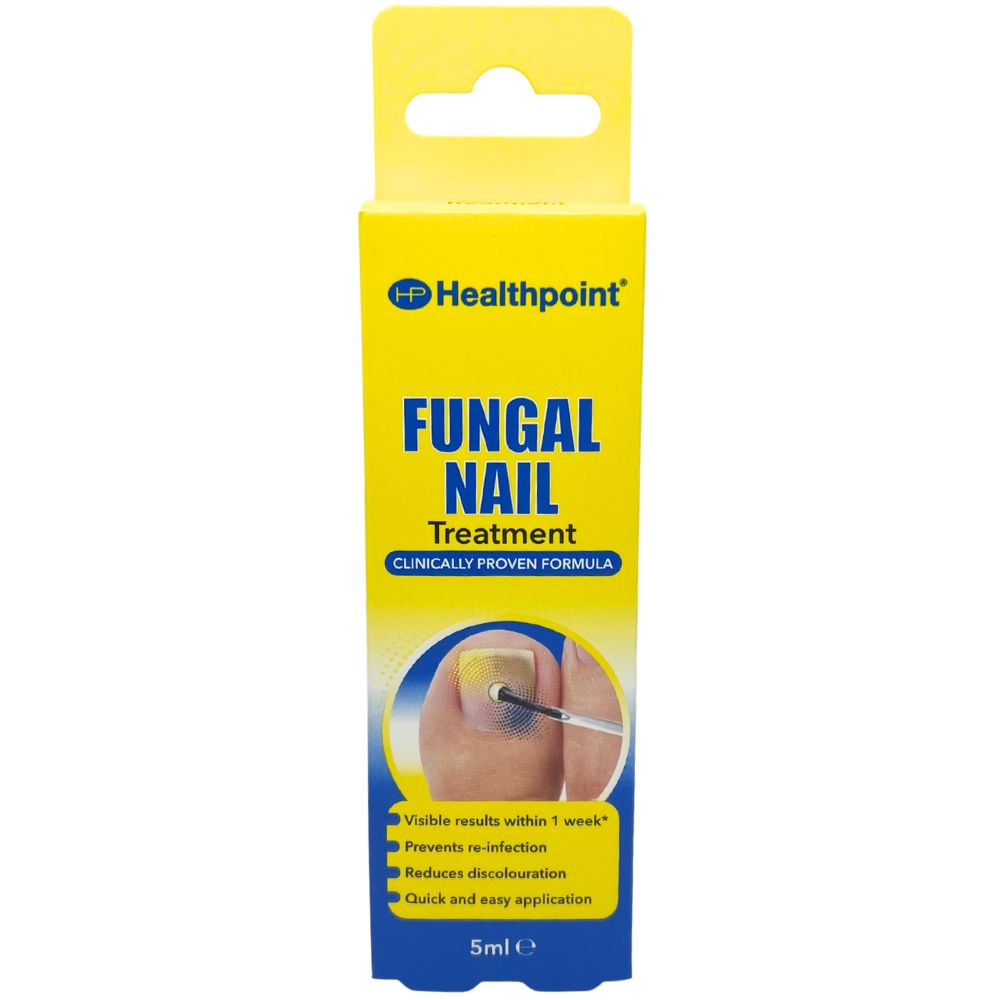 Healthpoint Fungal Nail Treatment packaging, 5 ml, showing treatment applied to a toenail