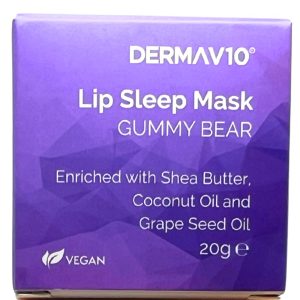 Purple Dermav10 Lip Sleep Mask Gummy Bear packaging, enriched with shea butter, coconut oil and grape seed oil; vegan, 20g
