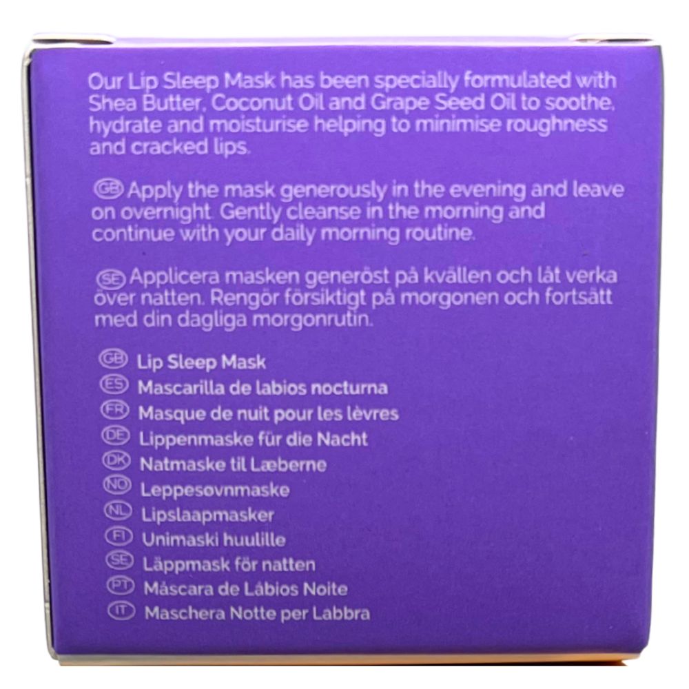 Back of Lip Sleep Mask packaging: contains shea butter, coconut and grape seed oils; apply overnight to soothe and moisturise lips