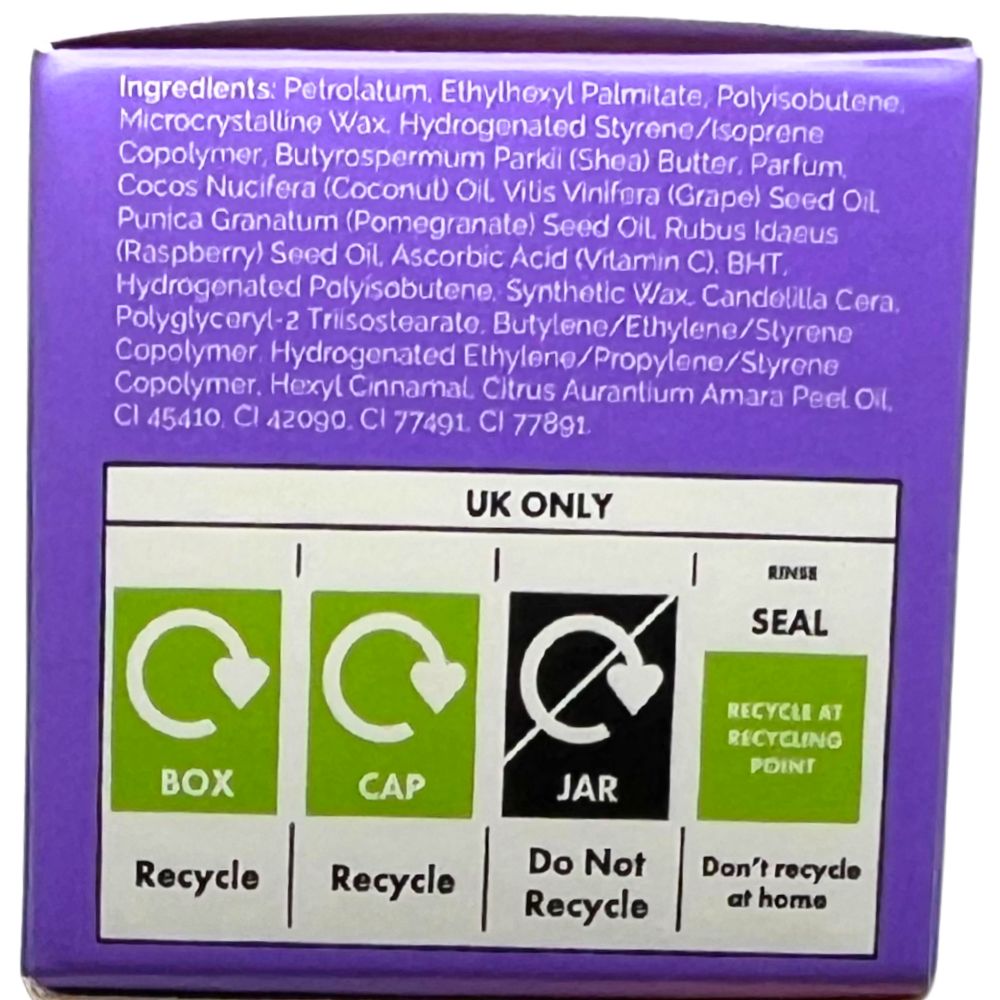 Product packaging lists ingredients and UK recycling guidance: recycle box and cap, do not recycle jar or seal at home