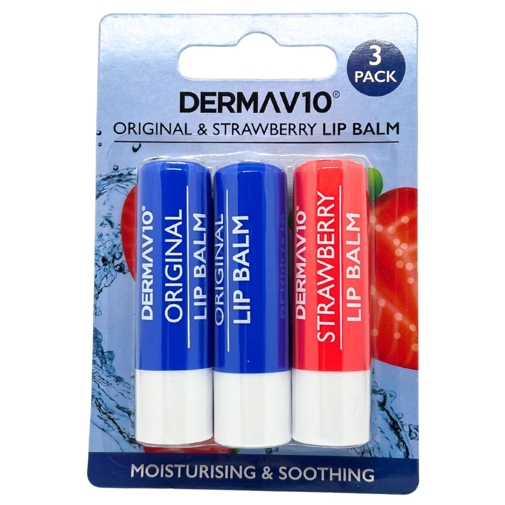 Pack of three Dermavio lip balms: two Original and one Strawberry, labelled moisturising and soothing