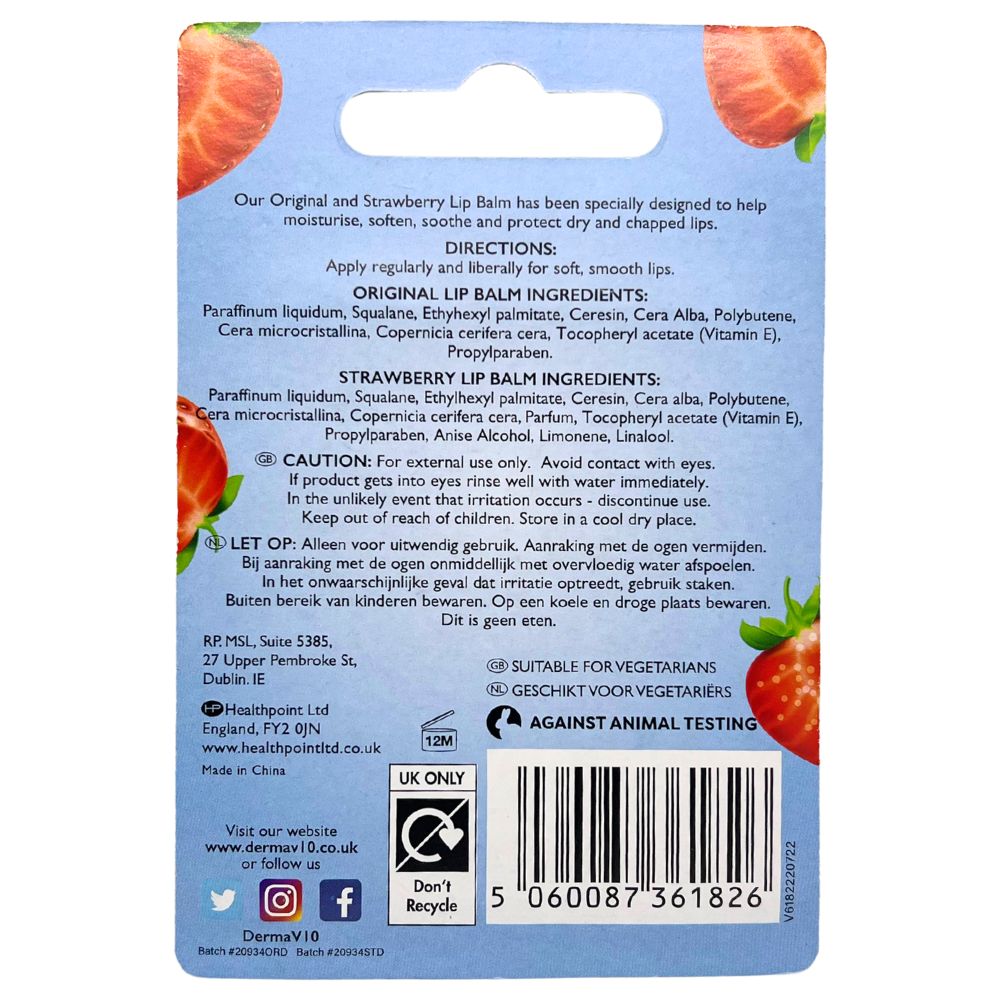 Back of Original and Strawberry Lip Balm packaging showing ingredients, directions, cautions, and vegetarian and cruelty-free labels