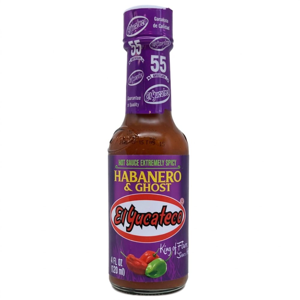 Bottle of El Yucateco Habanero & Ghost extremely spicy hot sauce, 120 ml