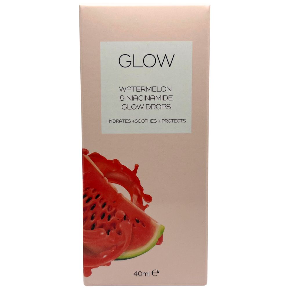 GLOW Watermelon & Niacinamide Glow Drops skincare box, 40 ml; hydrates, soothes and protects