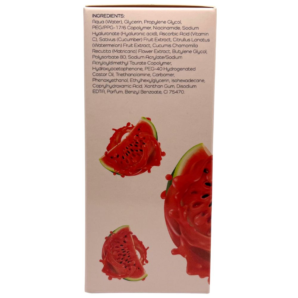 Cosmetic box showing an ingredients list, including niacinamide, cucumber, watermelon and chamomile extracts