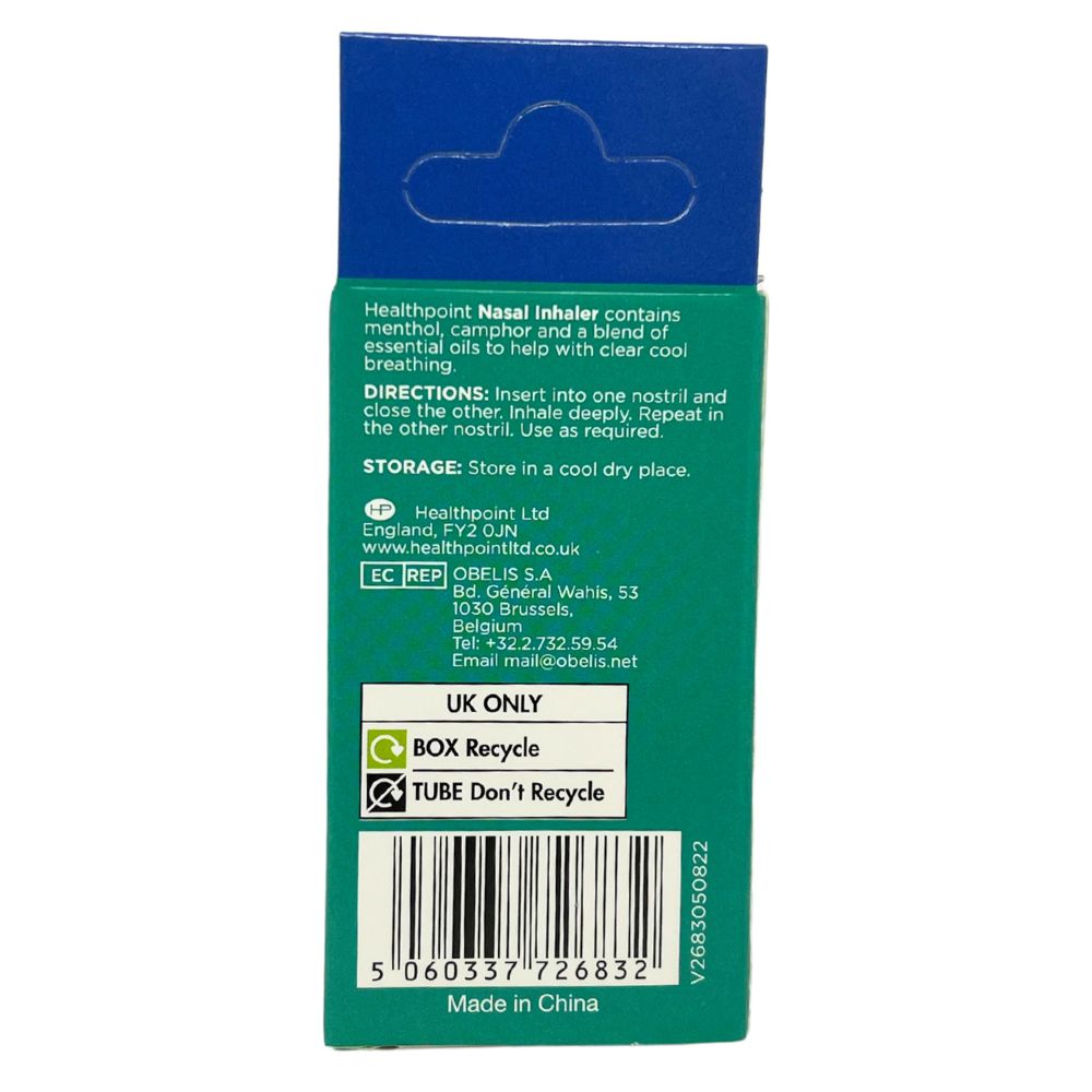 Back of Healthpoint Nasal Inhaler packaging, showing directions, storage information and UK recycling instructions