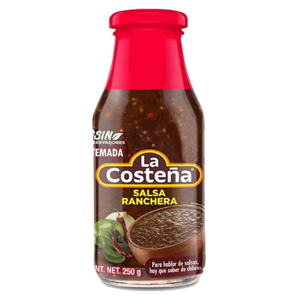 Bottle of La Costeña Salsa Ranchera, 250 g jar of spicy Mexican sauce